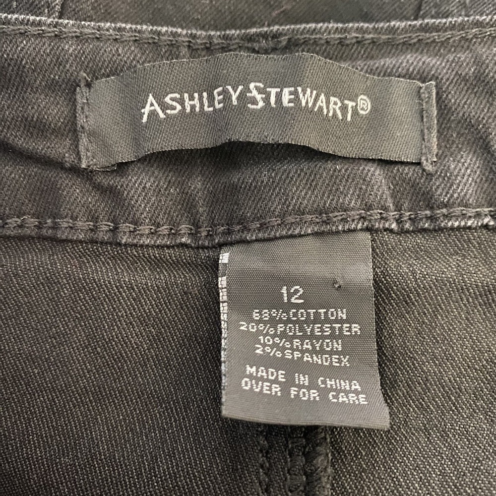 Ashley Stewart Black Denim Ruffle Front Distressed Skirt Size 12 Frayed Hem - Picture 3 of 5